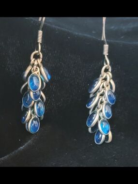 Blue Glass Sterling Silver Cluster Drop Earrings - Vintage